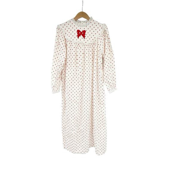 Vintage Lanz Of Salzburg Polkadot Fleece Nightgown Modest Ruffle Bow Womens M - Picture 1 of 8